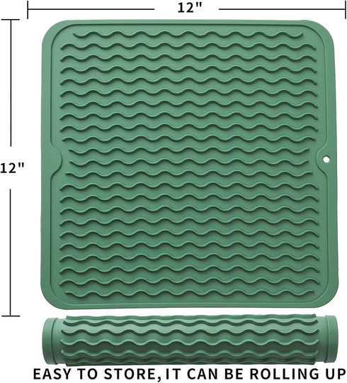 MicoYang Silicone Dish Drying Mat for Multiple Usage,Easy clean,Eco-friendly,Heat-resistant Silicone Mat for Kitchen Counter or Sink,Refrigerator or Drawer liner Green M 12 inches x 12 inches