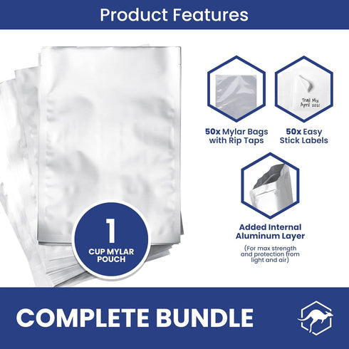 50x Wallaby 1-Cup Mylar Bag Bundle, 5 Mil Mylar Bags + 50 Labels, Heat Sealable, Food Safe Storage Solutions