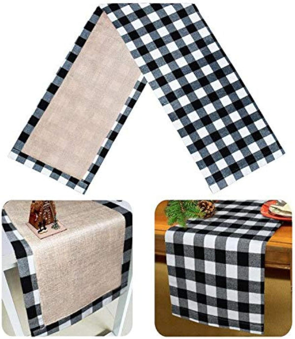 Senneny Christmas Large Table Runner 14 x 108 Inch, Burlap & Cotton Black White Plaid Reversible Buffalo Check for Decor