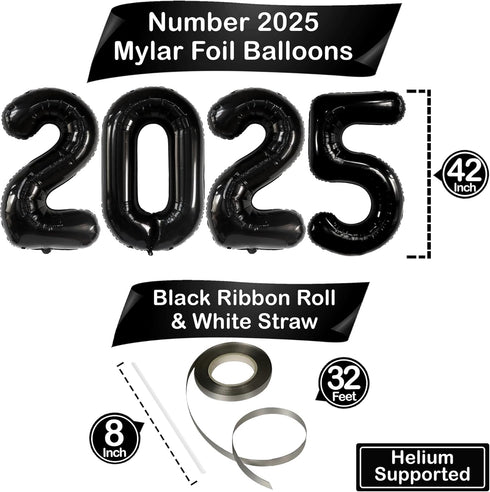 KatchOn Huge Black 2025 Balloons Number, 42 Inch Graduation Balloons, Foil Decorations for Class of 2025