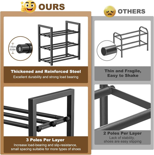 3-Tire Closet, 17"-31" 6-12 Roylvan Expandable Shoe Rack for Adjustable Free Standing Shoe Shelf Storage Fits Pairs