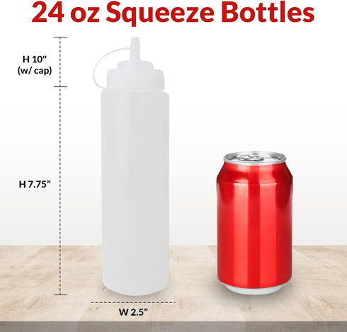24 oz. 10 Pack 24 Reli. Plastic Squeeze Bottles, | | Condiment Squeeze Bottles for Sauces | Clear w/Tethered Caps |