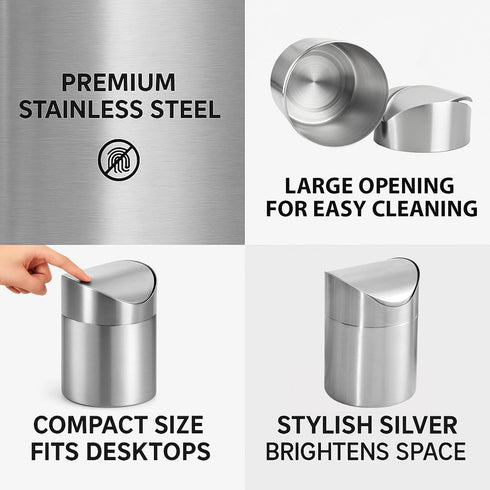 Small Mini Trash Can with Lid, Brushed Stainless Steel, Mini Countertop Trash Bin for Desk Office, 1.5 L