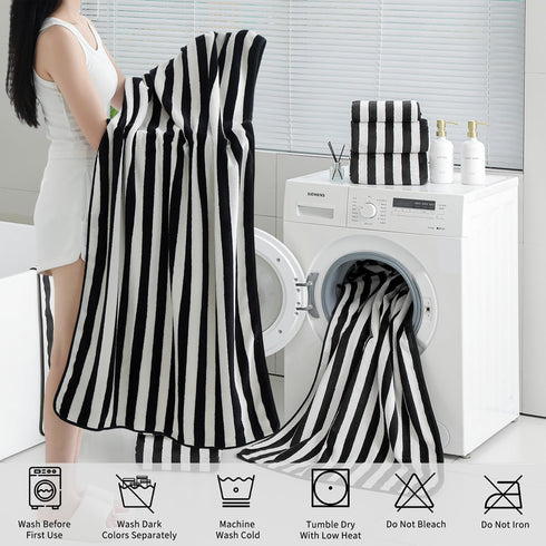 18 Set Loop-6 Towels,6 Towels,6 Set Pcs Black White Stripe Bath Towel with Hanging Bath Hand Washcloths Soft Family