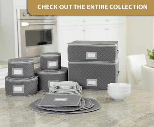 Stack Store Plus More China Storage Quilted Case for Dessert Plates, Bowls, Small Plates, Gray, 8" W x 6" H