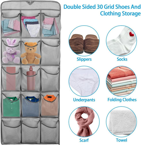 2Pcs 30 Closet 360 Large Pockets Dual Sided Hanging Shoe Organizer for Shoe Storage Shelves with Rotating Hanger Space