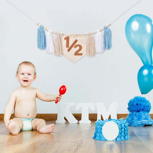 Dokuna 1/2 Half Birthday High Chair Banner - Boys Half Birthday Party Decorations Photo Backdrop, Half Way to One