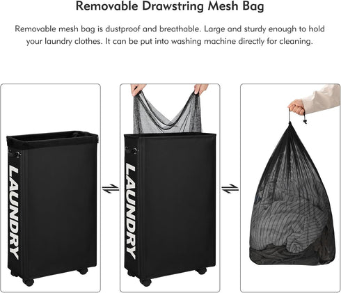 29-Inches DOKEHOM Enlarged Slim Laundry Basket with Removable Wash Bag on Wheels, Collapsible Rolling Laundry Hamper