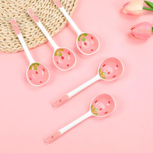 MWRDSM 5 Pcs Ceramic Soup Spoons Cute Strawberry Spoons Long Handle Porcelain Tablespoons
