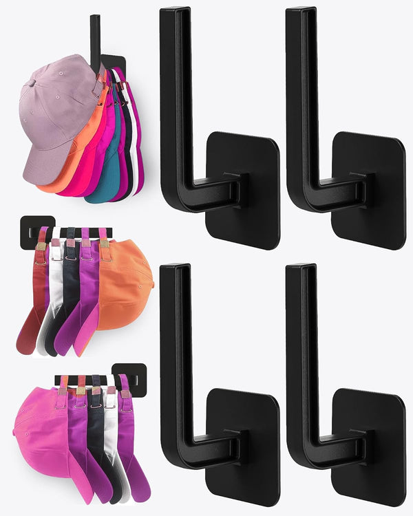 Hat Rack for Storage (4-Pack), Multi-Purpose Organizer with Strong Adhesive Hooks for Baseball Caps