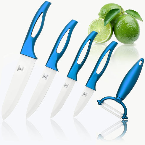Moss & Stone 5-Piece Kitchen Cutlery Set, Blue Ceramic Knives, Rust Proof & Stain Resistant, Includes Fruit Peeler