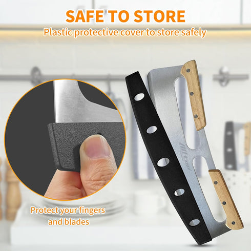 ALLTOP Pizza Cutter Rocker, Large Stainless Steel Blade Knife with Double Wooden Handle & Plastic Cover, Essential