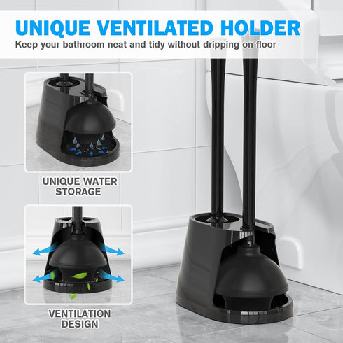 Toilet Plunger and Brush Set, Silicone Bowl Brush and Heavy Duty Toilet Plunger with Ventilated Holder