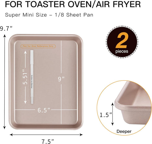 HONGBAKE Toaster Oven Pan, Nonstick Set of 2, Premium 1/8 Sheet Pan for Baking, Heavy Duty, Rose Gold