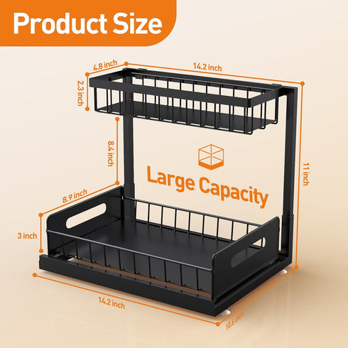 Under Sink Organizer 2 Pack, Pull Out Cabinet Shelf, Kitchen Bathroom Storage with Sliding Drawer for Home