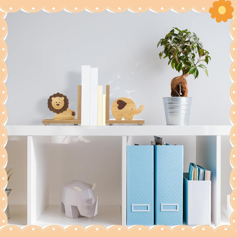 2 Harloon Pcs Animal Bookends for Kids Wooden Decor Safari Bookends Decor for Girl Children Bedroom Home(Lion Elephant)