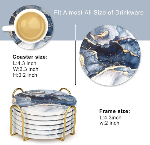 Dksyee Set 6, Set, Coasters of Navy Blue Marble Abstract Round Ceramic Coasters with Holder, Best Absorbent Drink