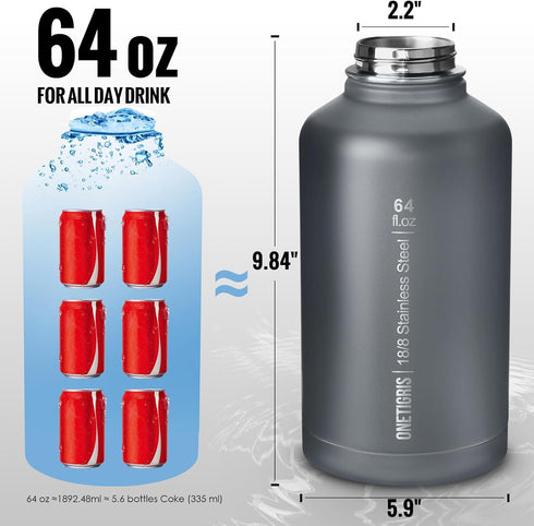 OneTigris 64 oz Tactical Half Gallon Water Bottle with Straw, Leakproof Sport Jug, 3 BPA Free Lids, Paracord Handle &