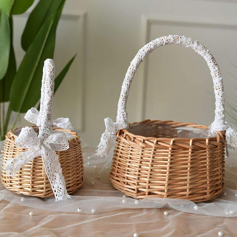 ASSR 2PCS Woven Storage Basket with Handle and Ribbon, Wicker Rattan Flower Girl Baskets for Wedding, Home Garden Decor