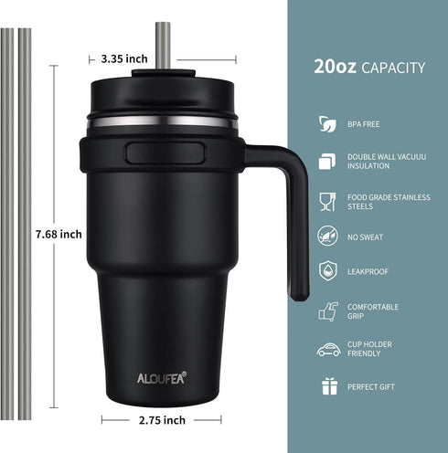 ALOUFEA 20 oz Insulated Coffee Mug Tumbler with Handle, Stainless Steel Travel Mug Tumbler with Lid and Straw,Double