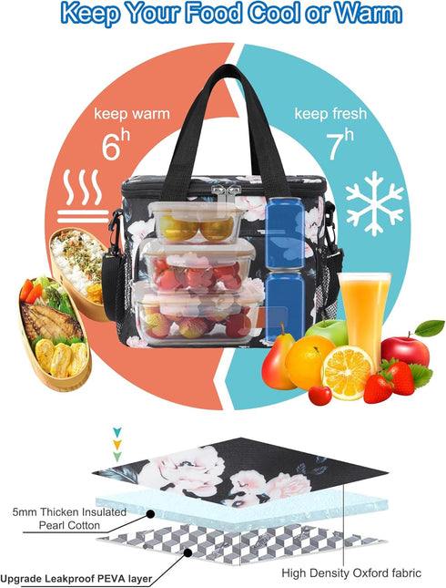 Femuar Lunch Bags for Women/Men: Insulated Lunch Cooler Bag with Adjustable Shoulder Strap - Pink Flower