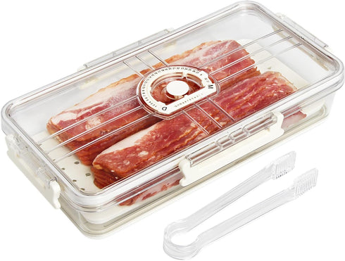 Bacon Storage Container with Air-Sealed Tight Lid, Fridge Bacon Holder, Deli Meat Cheese Keeper with Tongs