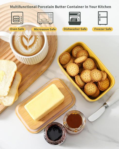 Hasense Large Ceramic Butter Dish with Sealing Lid, Yellow Airtight Butter Container for Countertop Storage