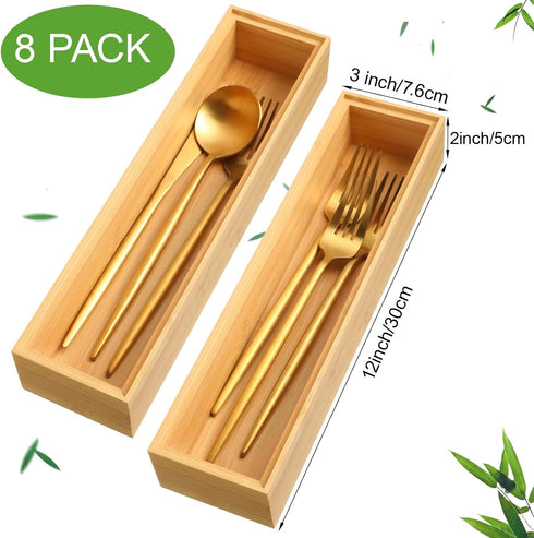 Kigley 8 Pieces Bamboo Drawer Organizer, Stackable Wooden Utensil Storage Box for Kitchen Drawers (12 x 3 x 2 Inch)