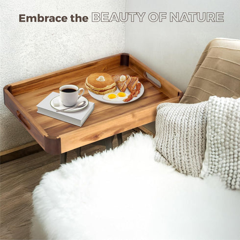 17 13 Inch Counter... x Acacia Wood Serving Tray with Handles, Decorative Wooden Tray Featuring Dark Walnut-Tone Curved