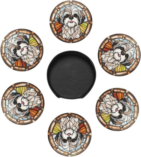 Set 6, Holder,6 Pack Drink Coaster of Shih Tzu Dog Mom Lover Gift,Leather Drink Coasters with Cup/Bar/Drink Coasters