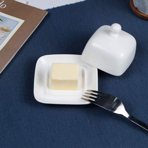 NAGU Mini Square Butter Dish with Lid, White Porcelain Domed Cheese Dish with Handle for Countertop Serving