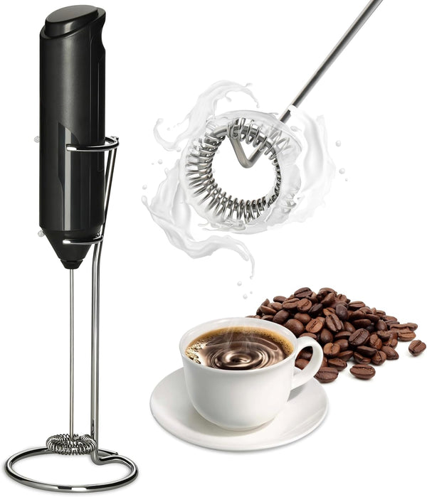 Handheld Milk Frother with Stainless Steel Stand - Battery Operated Whisk Maker for Coffee, Lattes, Cappuccino, Black