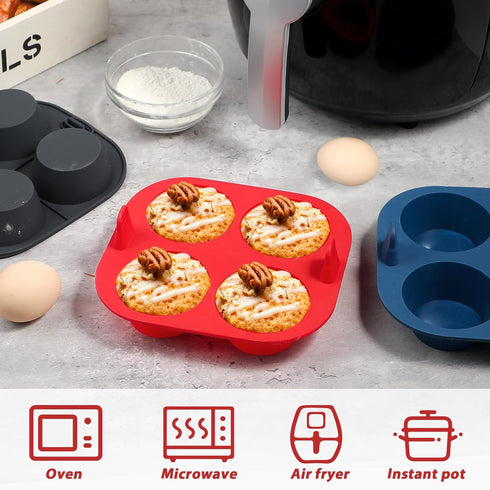 Webake 3PCS Non-Stick Silicone Air Fryer Muffin Pan, 4 Cavity Baking Cups, BPA Free, Food Grade Tins