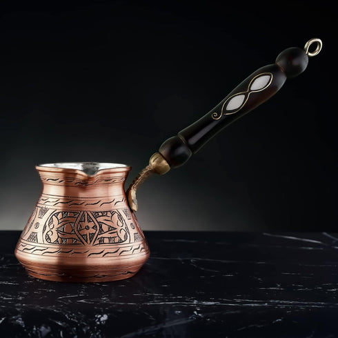 BCS 12 Oz Copper Turkish Greek Arabic Coffee Pot with Wooden Handle, Cezve Ibrik Briki Stovetop Maker (4 servings)