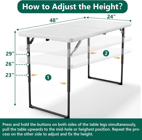 4ft Folding Table - Heavy Duty Fold-in-Half Plastic Table with Adjustable Height, Portable Utility Tables with Steel