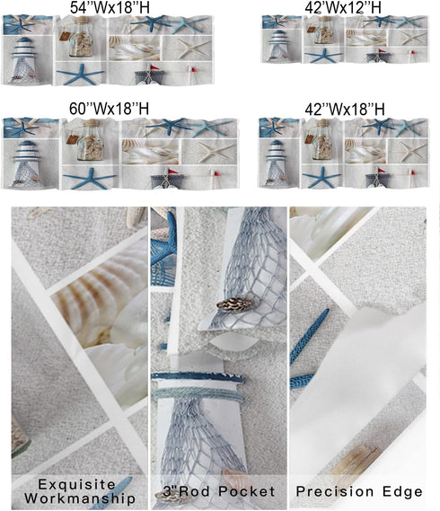 Summer Coastal Grid Valances Curtain for Kitchen Cafe, Ocean Starfish Lighthouse Window Treatment, 42"x 12"