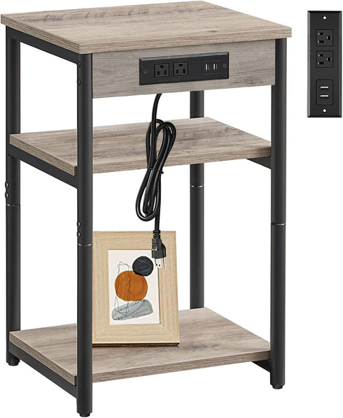 3-Tier TB01BG026 TUTOTAK End Table with Charging Station, Nightstand, Couch Side Table with USB Ports and Outlets