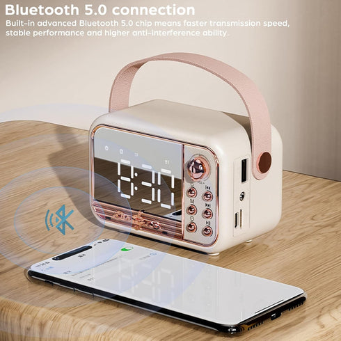 Retro Bluetooth Speaker, Vintage Portable Wireless Speakers with Alarm Clock, Bluetooth 5.0, Loud Volume, Beige White