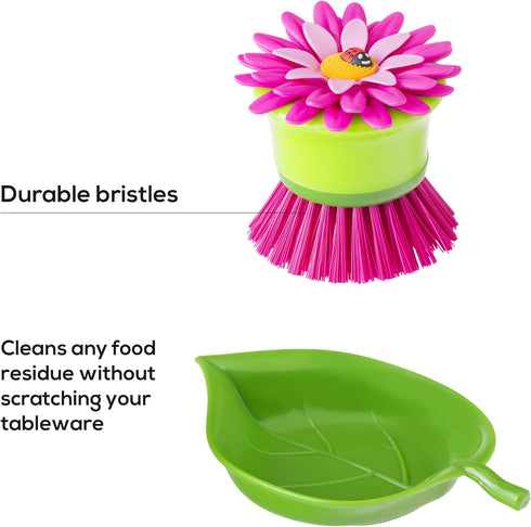 Vigar Flower Power Dish Brush with Holder - Pink Palm, 5-3/4" x 3-3/4"