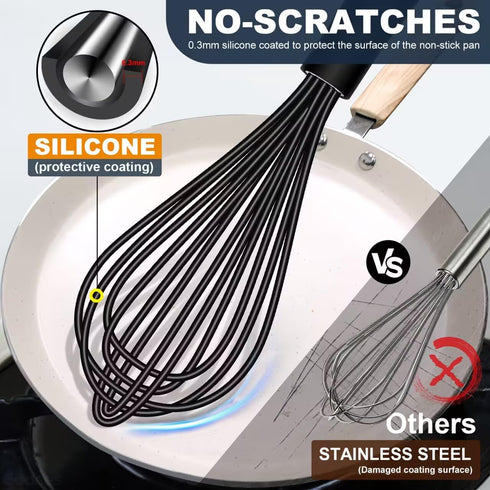 Silicone Whisk,Whisk Non Scratch Whisk for Nonstick Cookware, 5+7+9+11in Siliocne Coated Wisk Perfect for Blending,Beating,Stirring and Kitchen Cooking. (Black, 4pcs)