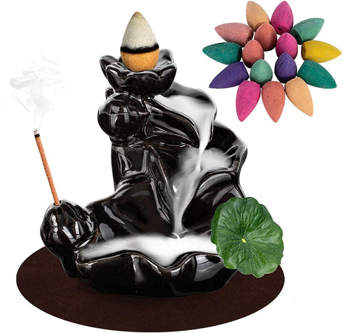 DK177 Waterfall Incense Holder, Backflow Cone Ceramic Burner with 20 Free Cones