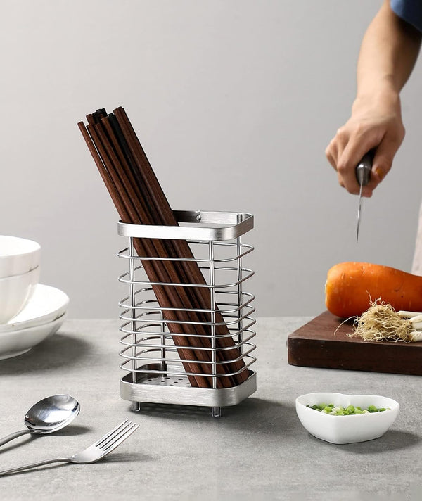 Kitchen Utensil Holder, Stainless Steel Drying Caddy, Rust-Proof Cutlery Organizer for Kitchen Utensils, Silver