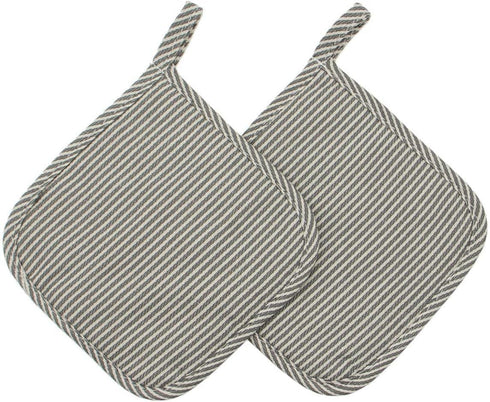 Set of 3 Cotton Oven Mitts and Pot Holders, Grey Stripes, Quilted Heat Resistant Kitchen Gloves