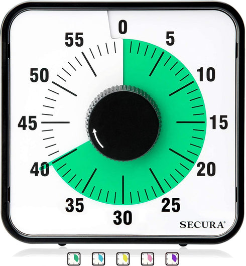 Secura 60-Minute Visual Countdown Timer, 7.5-Inch Oversize Mechanical Timer for Kids and Adults, Green