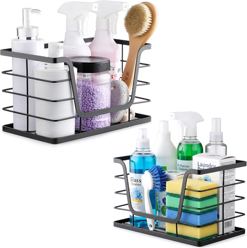 2 Pack Countertop ALOCEO Storage Stackable Kitchen Laundry Organizers with Bamboo Top, Large Trash Bag Holder and Small