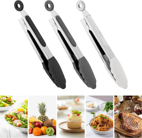 7 Inch Mini Tongs, Pack of 3 Short Silicone Tongs with Stainless Steel Tips for Cooking and Barbecue