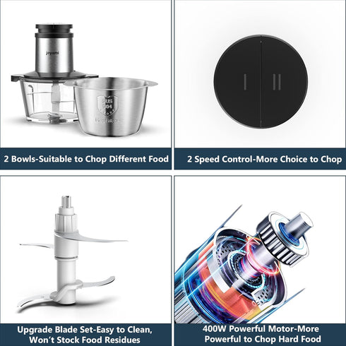 JOYAMI Electric Food Processor with 2 Bowls, Vegetable Meat Grinder, Stainless Steel Blades, 2 Speed Food Chopper