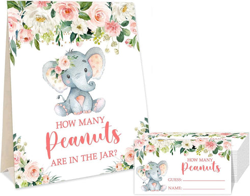 Yuzioey Pink Elephant Baby Shower Game, Guess How Many Peanuts, 50 Cards and Matching Sign