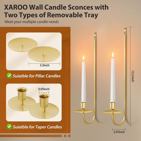 Set 4, Gold Candle Sconces of Taper & Pillar Wall Candle Holder, Gold Wall Decor, for Entryway, Fireplace, Stair Corner