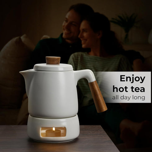 Set 34 oz MIAMIO - Teapot with Warmer / Tea Kettle with Infuser for Steeping Loose Tea Leaves - Gift for Women/Tea